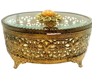 Vintage Beveled Glass Top Jewelry Casket Box Intricate Brass Cherubs Crystal - Foto 1 di 4