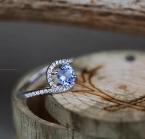 Engagement Band Fine Birthday Ring 14k White Gold Tanzanite Diamond Gemstone - Picture 1 of 4