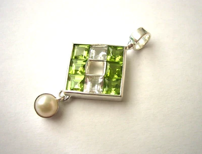 925 Silber Design Anhänger 40 mm Peridot Topas weiß und 6 mm Perle - Bild 1 von 4