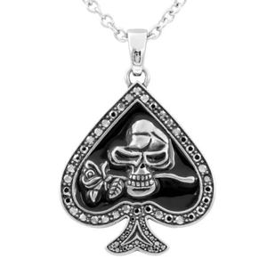 Black Spade Necklace Skull Rose Pendant with Hematite Crystal and Black Epoxy - Picture 1 of 5
