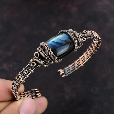 Gift For Her Natural Labradorite Bangle Wire Wrapped Adjustable Unknown Copper - Image 1 of 4