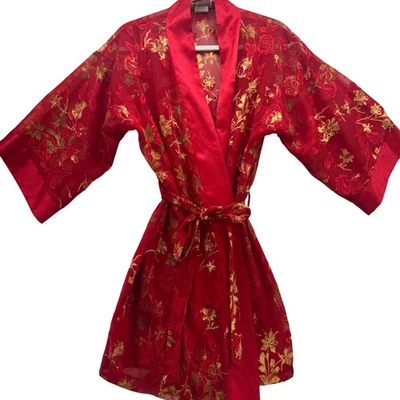 Женское прозрачное кимоно халат California Dynasty M из красного золота с цветочным рисунком сделано в США элегантное - Изображение 1 из 4