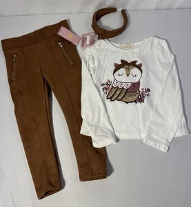 Btween 3 Piece Owl Set Velour Pants Floral Top Shirt Knot Headband Girls Sz 4 - Picture 1 of 17