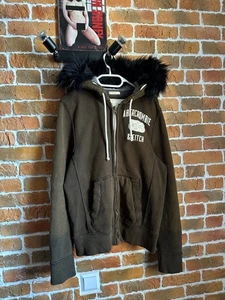 Abercrombie Fitch Hoodie Faux Fur Heavy Full Zip Sweatshirt Spell Out Y2K - Picture 1 of 6