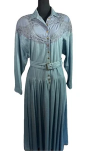 VTG TOGETHER! Chambray Jean Dress Cottage Prairie Country Modest Large Belt Blue - Picture 1 of 11