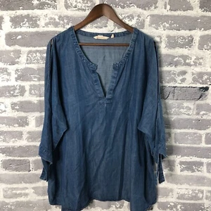 Soft Surroundings Top Damen 1X Jeansoptik Tencel V-Ausschnitt Schlitz Bindeärmel Popover - Bild 1 von 10