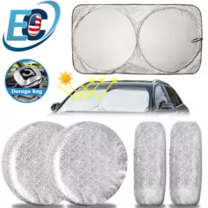 4PCS Waterproof Wheel Tire Covers 25"-27" & Windshield Sun Shade Cover Visor - Imagen 1 de 20