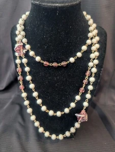 Vintage White & Purple Swirl Glass Beaded Necklace 59.5"Long - Estate Find As Is - Picture 1 of 15