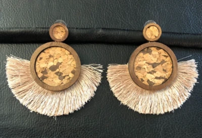 Moda Pendientes Distintivos Colores Otoño Marrón Madera Corcho Flecos Grande 3" Pasarela 6407 Foto 1 de 4