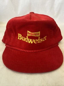Vintage Budweiser Hat Corduroy Red Yellow Nissin Strapback Beer Cap - Picture 1 of 12