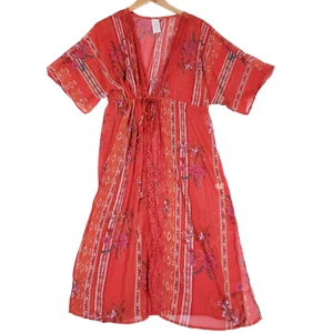 Time And Tru Kimono Duster Boho Floral Open Front One Size Red Festival - Picture 1 of 8