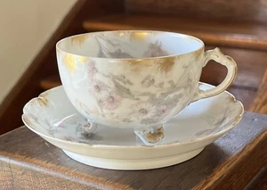 Antique Haviland Limoges Footed Cup & Saucer Pink White Daisy Gold Daubs - Picture 1 of 12