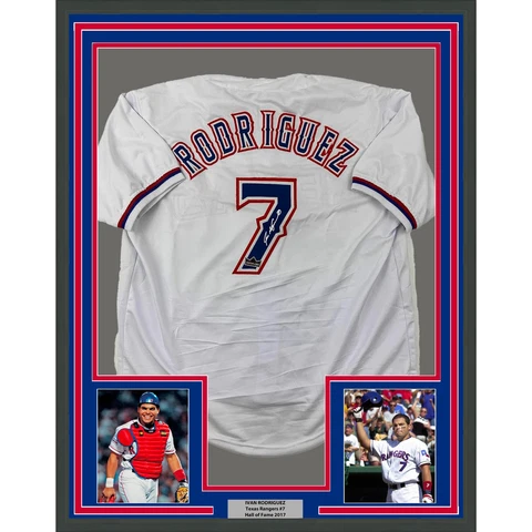Framed Facsimile Autographed Ivan Rodriguez 33x42 White Reprint Auto Jersey Cover