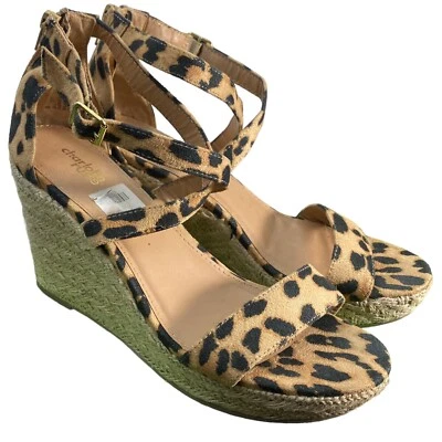 Womens Size 8 Printed Cow Fur Cheetah Wedge Heels Strap Tan Jute Y2K Animal Boho - Image 1 of 4