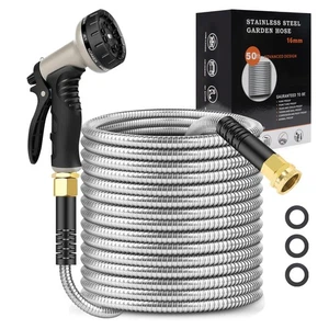 Garden Hose 50FT with Nozzle, Metal Flexible Water Hose with 10 Different Mod... - Picture 1 of 7