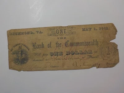 Civil War Confederate 1861 1 Dollar Bill Bank Of Commonwealth Richmond Virginia  - Image 1 of 2