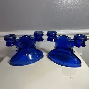 *RARE* 1938 Antique Jeannette Ultra Marine Blue Double Candle Holder Set Of (2) - Picture 1 of 14