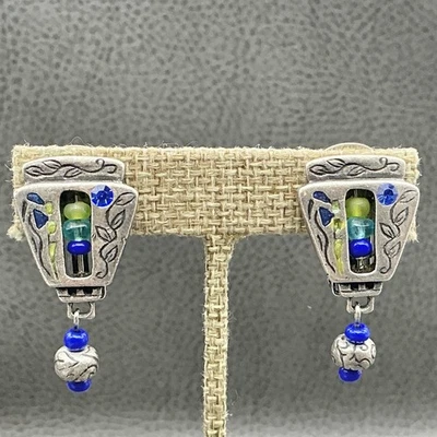 Pendientes de clip Chicos para mujer tono plata azul verde vidrio estrás colgantes Foto 1 de 4