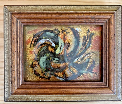 Miniatura abstracta de cobre esmaltada de mediados de siglo — marco de madera dorado años 60 Foto 1 de 4