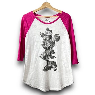 Disney XL Minnie Mouse Pink Raglan Burnout Tee Shirt T-Shirt Floral Fade Print - Image 1 of 4