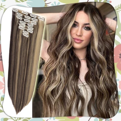 Extensiones de cabello Balayage 8 piezas clip grueso real cabeza completa como trama de piel humana EE. UU. Foto 1 de 4