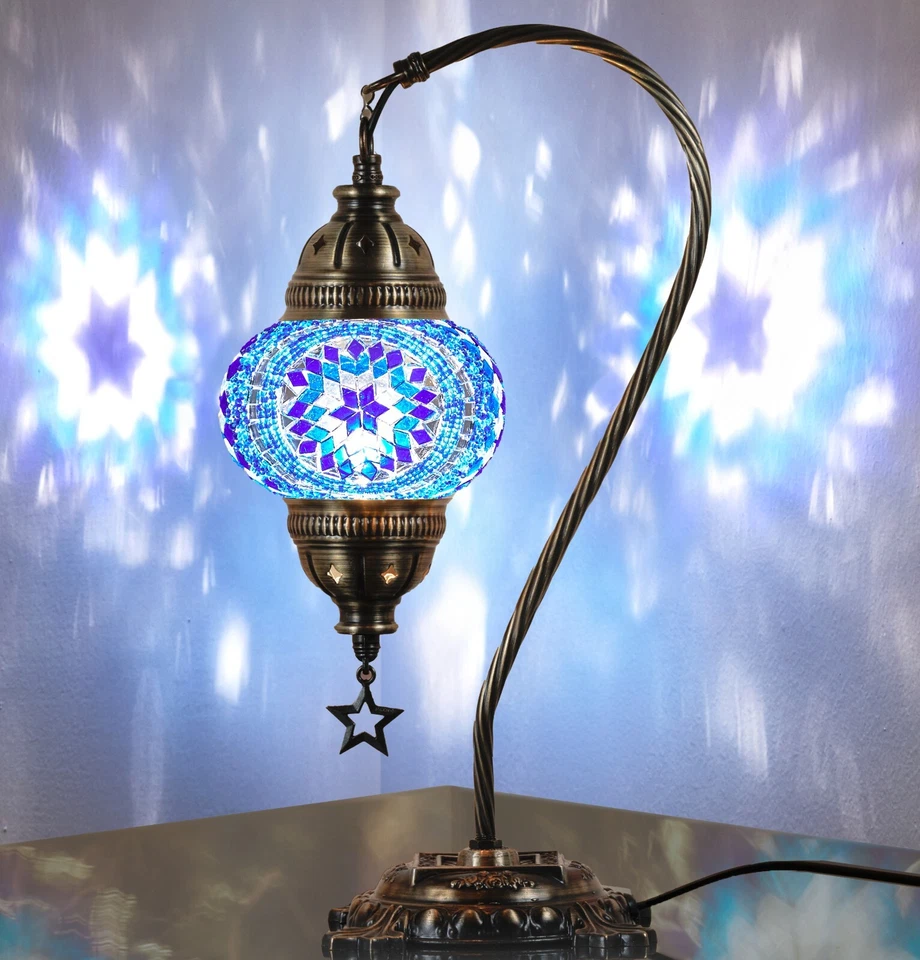 DEMMEX Handmade Moroccan Mosaic Table Lamp 15" Boho Accent Light Blue