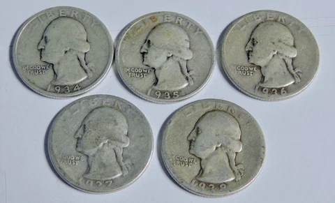 LOT OF 5 WASHINGTON QUARTERS - 90% SILVER US - 1934P, 1935P, 1936P, 1937P, 1938P Cover