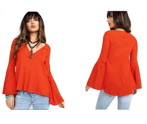 Free People Parisian Nights Eyelet Lace Red Thermal Top Women XS Long Sleeve NEW - Picture 1 of 10