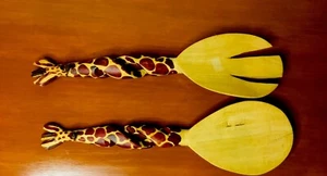 Handmade Carved Wooden African Giraffe Salad Servers Serving Set Tongs Sculpted - Picture 1 of 3