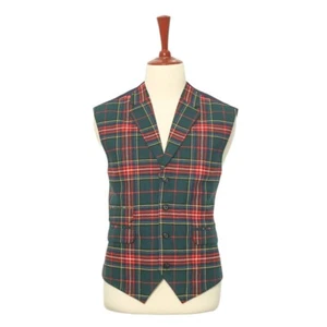 Mens Vest XL Green Red Tartan Plaid Wool Formal Party Suit Lapel Waistcoat 46 - Picture 1 of 8