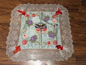 ANTIQUE VICTORIAN SCARF Souvenir of France Floral Bald Eagle Flag kerchief doily - Picture 1 of 7