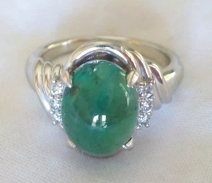 Heavy Platinum Solitaire Cabochon Emerald Diamond Ring - 11.92 gms, 3.94 ct CHIP - Picture 1 of 15