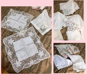 LOT 13) 1940s BELGIUM LACE +LILY Of The VALLEY Embroid WEDDING HANKIES Mono "J" - Picture 1 of 15