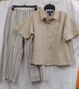 GW - Ms. Solid Top & Seersucker Crop Pants from Denim & Co. - Beige/Multi - Sz L - Picture 1 of 5