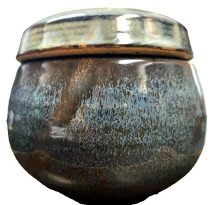 SHEARWATER KERAMIK mit Deckel - Kunst signiert - blaue & braune Glasur 3,5" hoch Sammler - Bild 1 von 9