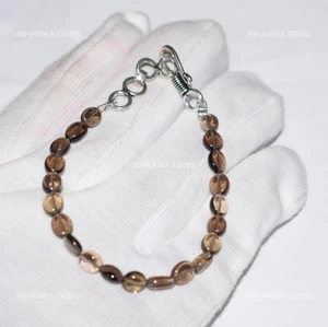 925 Silver Oval Genuine Smoky Quartz Stone Handcrafted Beaded Birthday Bracelet - Picture 1 of 11