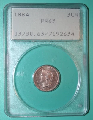 1884 Prueba Tres Centavos Níquel - PCGS PR 63 Soporte de Sonajero - 3CN Foto 1 de 4