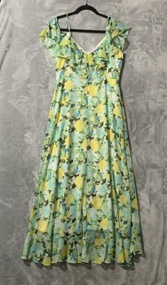 Vestido London Times Feminino 10 Verde Floral Babado Maxi Fora do Ombro Fada Caprichosa - Imagem 1 de 4