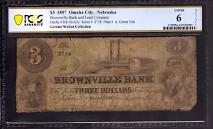 1857 $3 BROWNVILLE BANK & LAND COMPANY NEBRASKA GREEN TINT OBSOLETE NOTE PCGS 6 - Picture 1 of 3