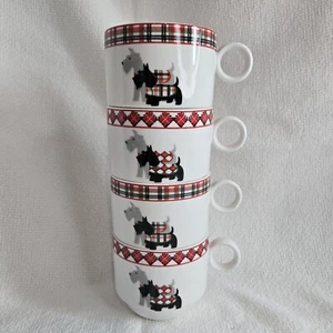 4 Scottie Dogs Coffee Mugs Gray and Black Plaid Tartan Fine Porcelain Grace - Picture 1 of 10