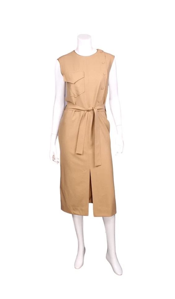 NUEVO CON ETIQUETAS NINA RICCI Vestido Midi Lana Beige Tostado Faja Corbata Cinturón Frontal Abertura - EE. UU. 10 Foto 1 de 4