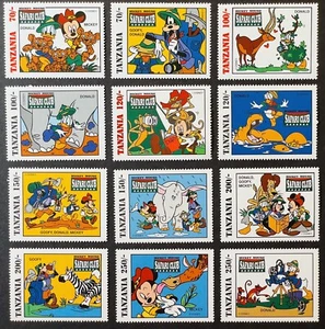 TANZANIA MICKEY MOUSE SAFARI CLUB DISNEY STAMPS SET OF 12 MNH 1994 WILD ANIMALS - Picture 1 of 1