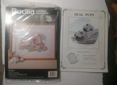Bucilla Stampd Cross Stitch Kit 40675 SEASHELL 16x12" + 16x16" Seal Pups Pattern - Image 1 of 4