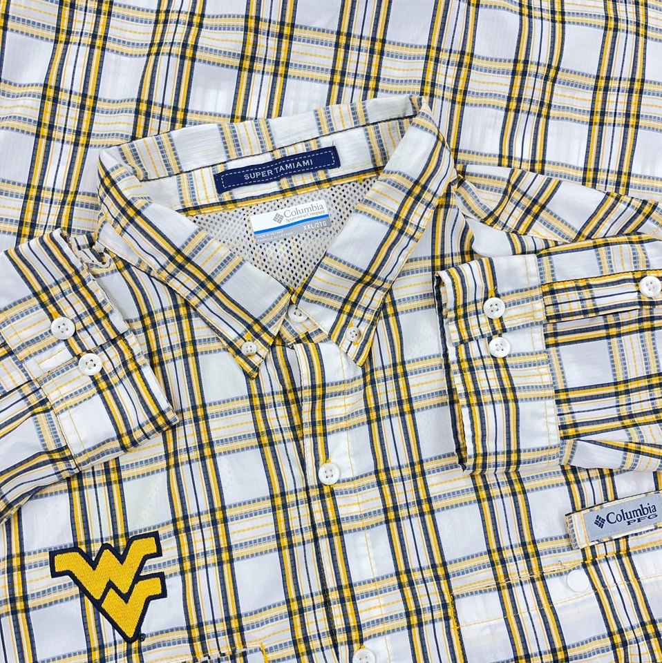 西弗吉尼亚登山者衬衫男式 XXL 2XL 哥伦比亚 PFG 纽扣格子 WVU — 第 1/4 张图片