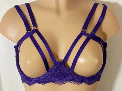 XL VICTORIA'S SECRET Unlined STRAPPY Bra OPEN Cup Balconet Lace & Fishnet Sexy - Image 1 of 4