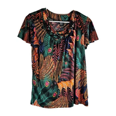 Blusa elástica tejida con estampado de pavo real cuello pequeño grande talla grande RQT para mujer usada en excelente estado  Foto 1 de 4