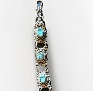 Ägyptischer Skarabäus silberfarbenes Gliederarmband Revival Fayence blau Keramik ~ Vintage - Bild 1 von 5