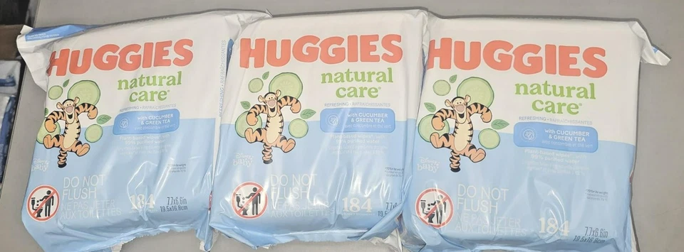3 X HUGGIES Natural Care Refreshing Baby Wipes Cucumber & Green Tea 184ct/each