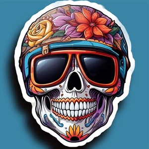 UV laminated Colorful Skull Wearing a Motorcycle Helmet Sticker - Free Shipping - Picture 1 of 1