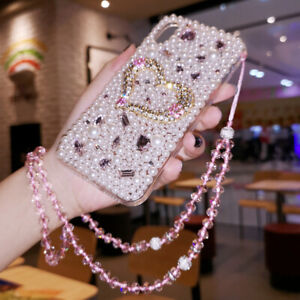 Luxury Bling Sparkly Love Heart Soft Women Cases Phone Cover W/ Crystals Lanyard